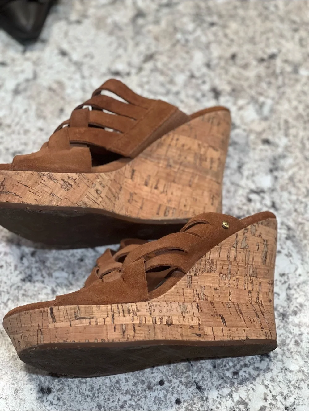 UGG Women’s Brown Suede Woven Cork Wedge Sandals
